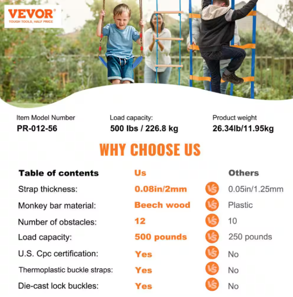 VEVOR Ninja Warrior Obstacle Course 2 x 56 ft. Weatherproof Slacklines - Image 7