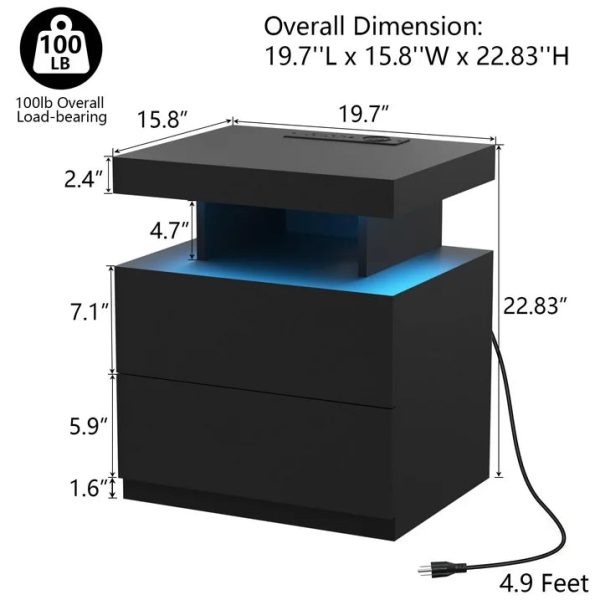 Hommpa LED Nightstand with Wireless Charging Station, Black - Image 8