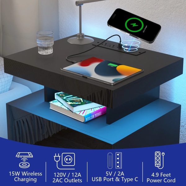 Hommpa LED Nightstand with Wireless Charging Station, Black - Image 2